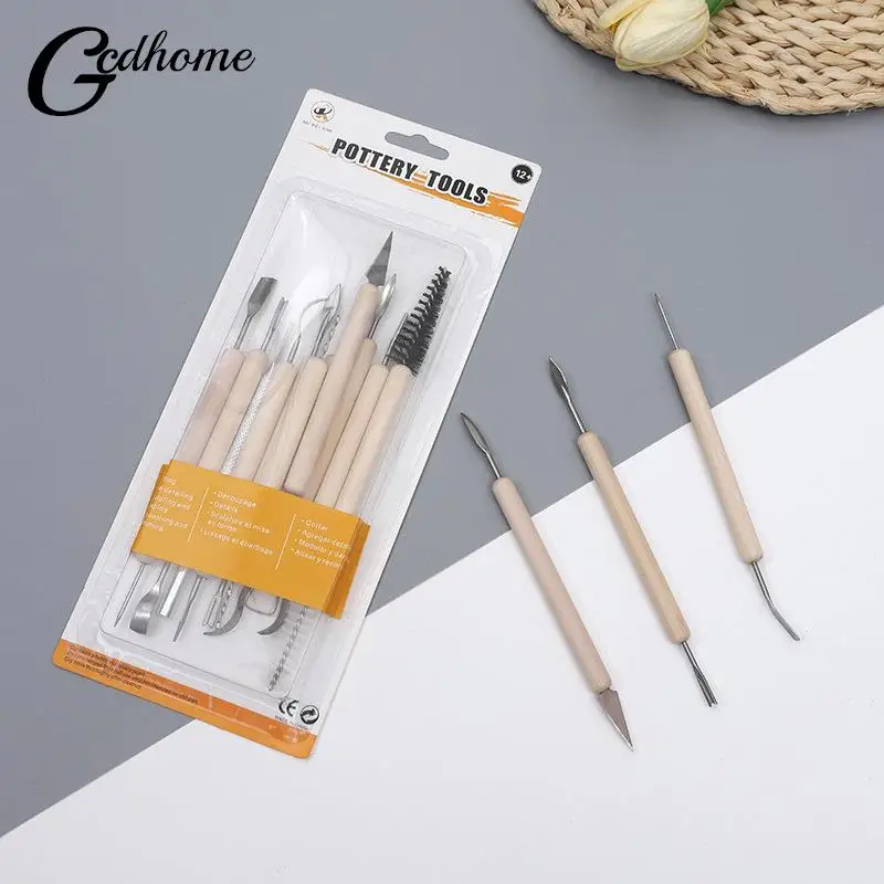 

11PCs Soft Clay Sculpture Pottery Tool DIY Handmade Carving Knife Set with Wooden Handle Ceramics Modeling Graving Tools