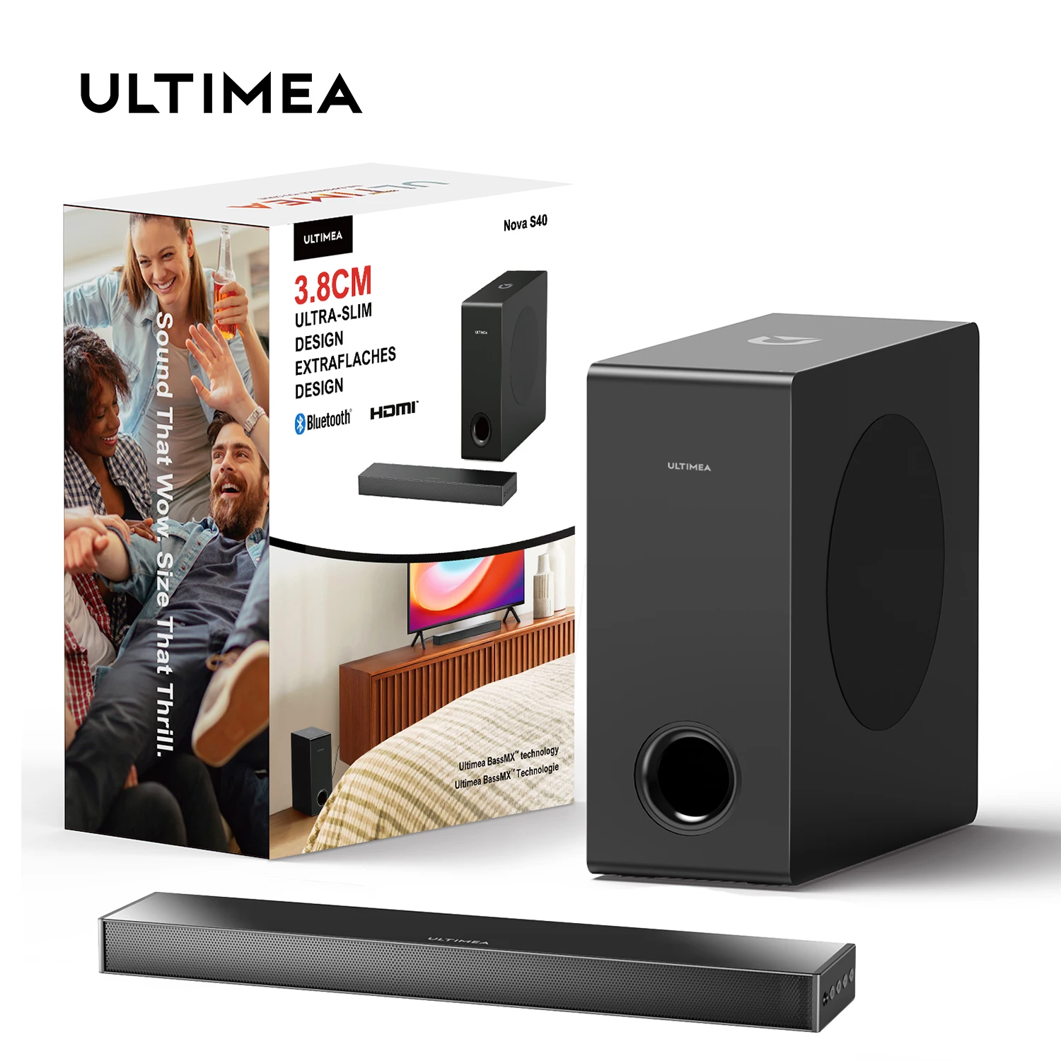 Ultimea Nova S40 Tv Soundbar, Soundbar 2.1 Con Subwoofer Per Tv/Computer Bassmax Surround Soundbar Bluetooth Con Hdmi Arc/Optical/Aux, Telecomando E K