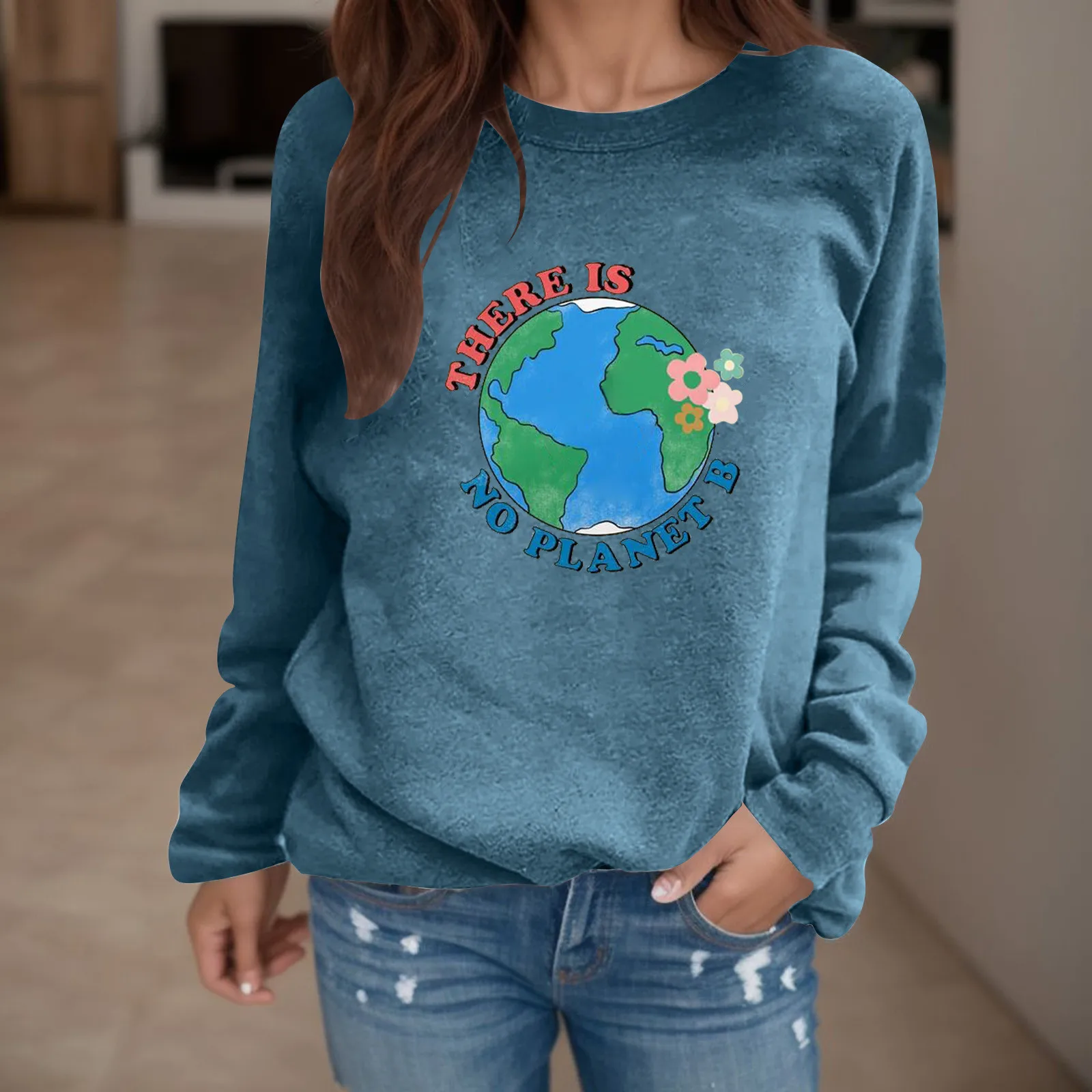 

Woman Sweatshirts Women Round Neck Pullover The Earth Love Peace Print Casual Sweater Cotton Hoodie Set Women