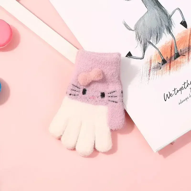 Knitted Gloves Children Gloves Sanrio Hello Kitty Gloves Kawaii Soft Warm Children's Knitted Gloves Cute Girl Rabbit Wool Knitted Thermal Full Finger