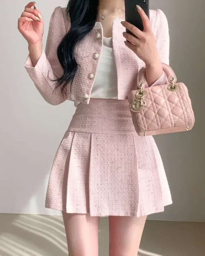 Korean Fashion Elegant Tweed Short Jacket Cropped Coats + High Waist Mini Skirts Suits Autumn New Slim Women Two-Piece Sets