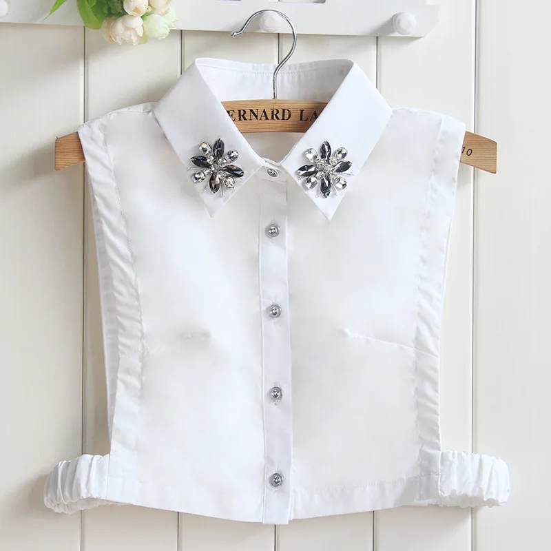 

Sitonjwly Cotton Fake Collar Women Silver Beaded Removalbe False Collar Blouse Rhinestone Faux Cols Female Detachable Collar