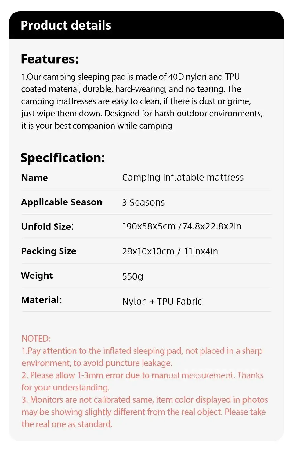 Description Picture 2 of itemOutdoor Camping Sleeping Pad Folding Sleep Mat Beach Inflat Mattress with Pillows Ultralight Air Mat Travel Hiking New