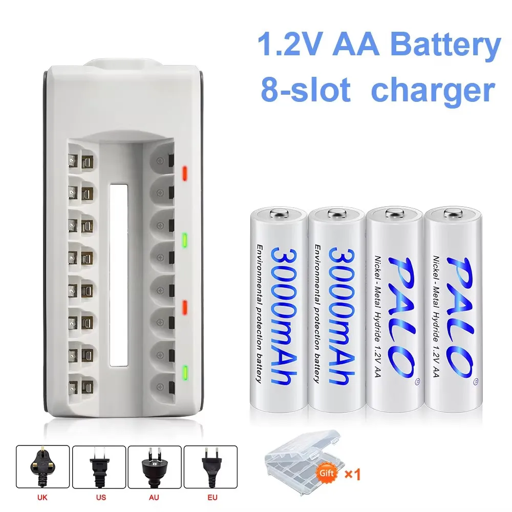 Palo-Batterie aste pour appareil photo, jouet, voiture, lampe de poche, chargeur 8 emplacements, 1.2V, 3000mAh, AA, NI-laissée, Nimh, AA 24.com