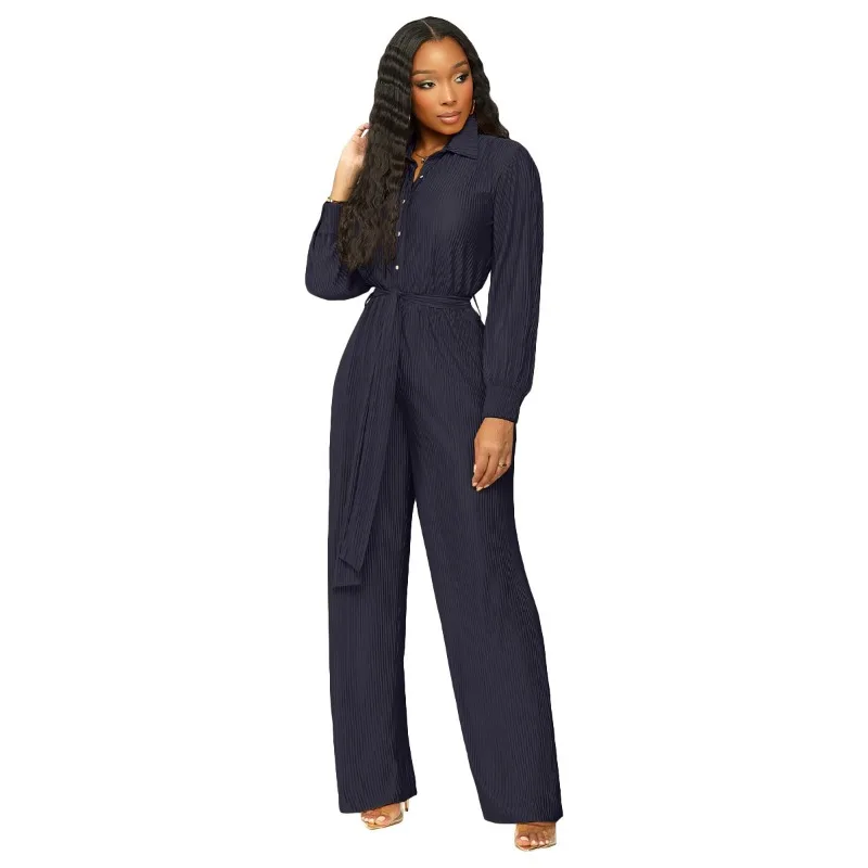 2023 Fall Winter Solid Pleated Loose Jumpsuit with Belt Women Turn Down Collar Long Sleeve Buttons Romper Wide Leg Pants Overall