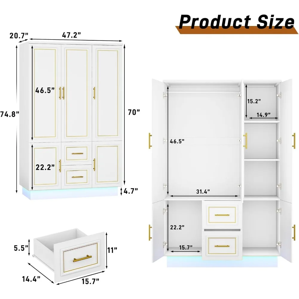 75” Tall 3 Doors Armoire Wardrobe Closet with 2 Drawers and LED Lights, Modern Closet Wardrobe Cabinet with Shelves and Hanging 2