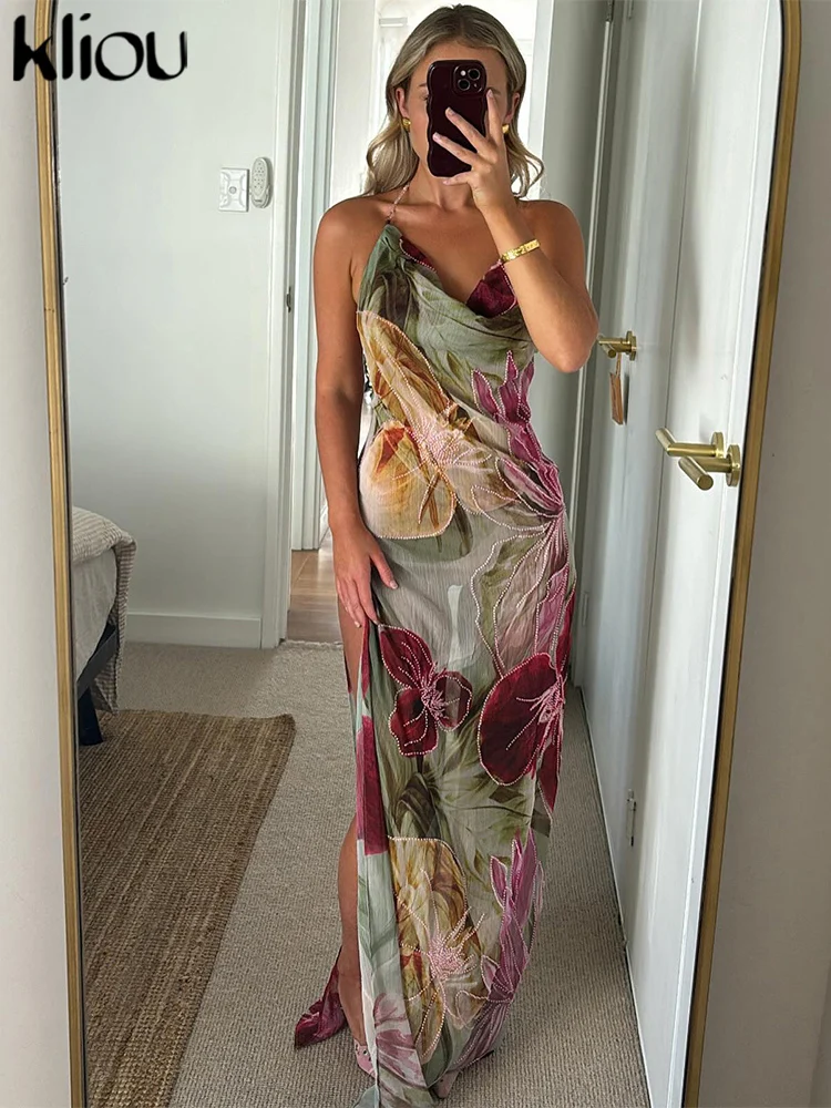 kliou Floral Print Women Dress Vacation Beach Style Suspendency Backless Halter Split Thin Vestidos Female Trend Attractive Wear 2