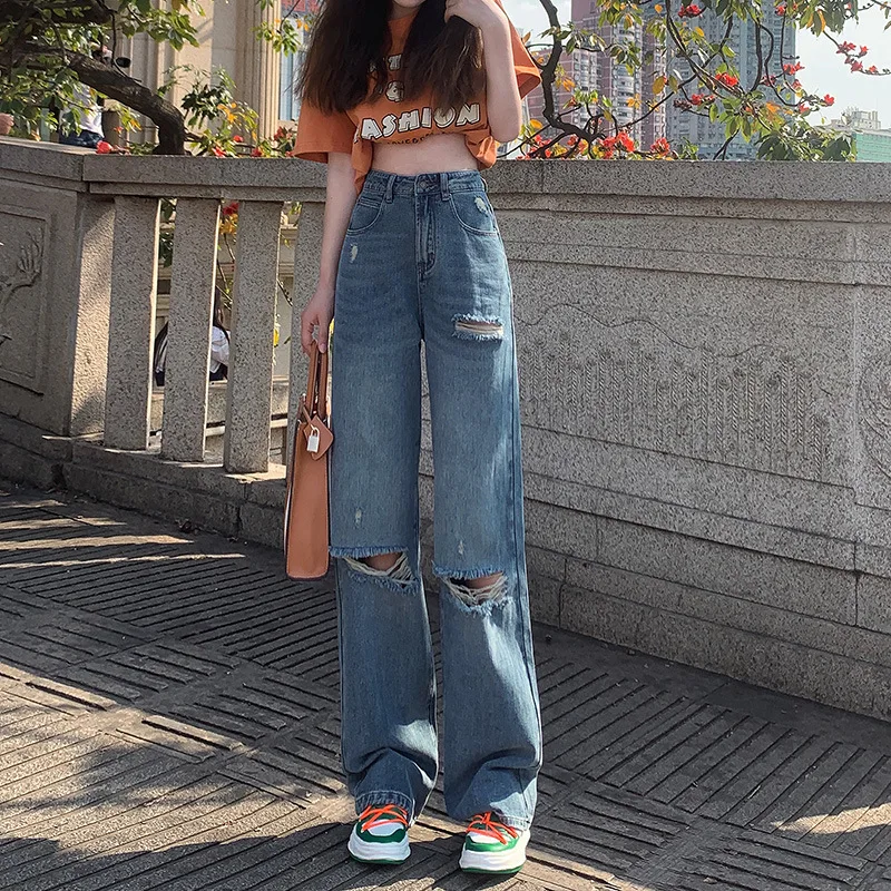 

Y2k Clothes Women Tattered Jeans High Waist Baggy Trousers Casual Wide Fashion Loose American Street Summer Straight Denim Pants