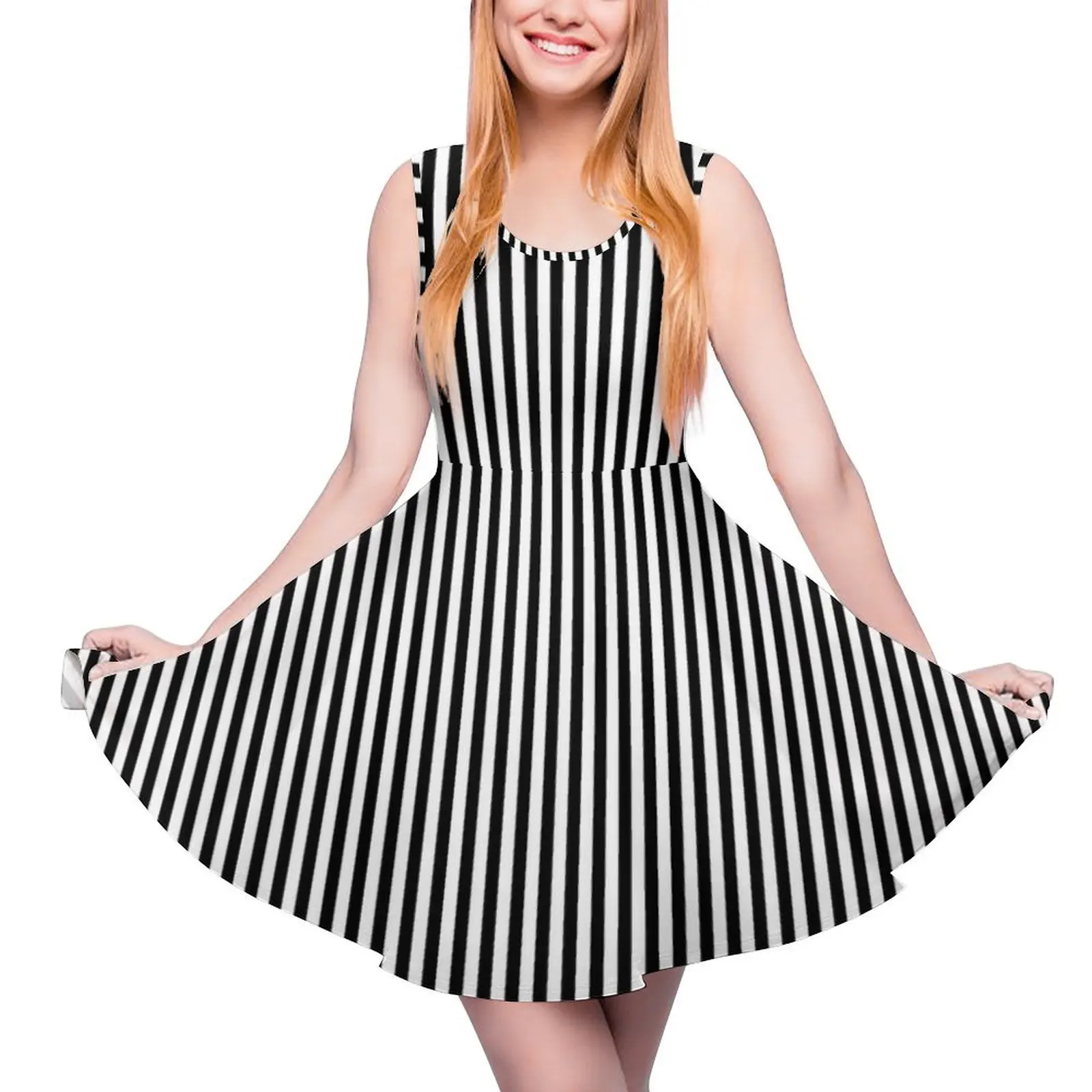 

Slimming Black White Striped Mini Skirt Round Neck Dress summer women's suit party dresses women