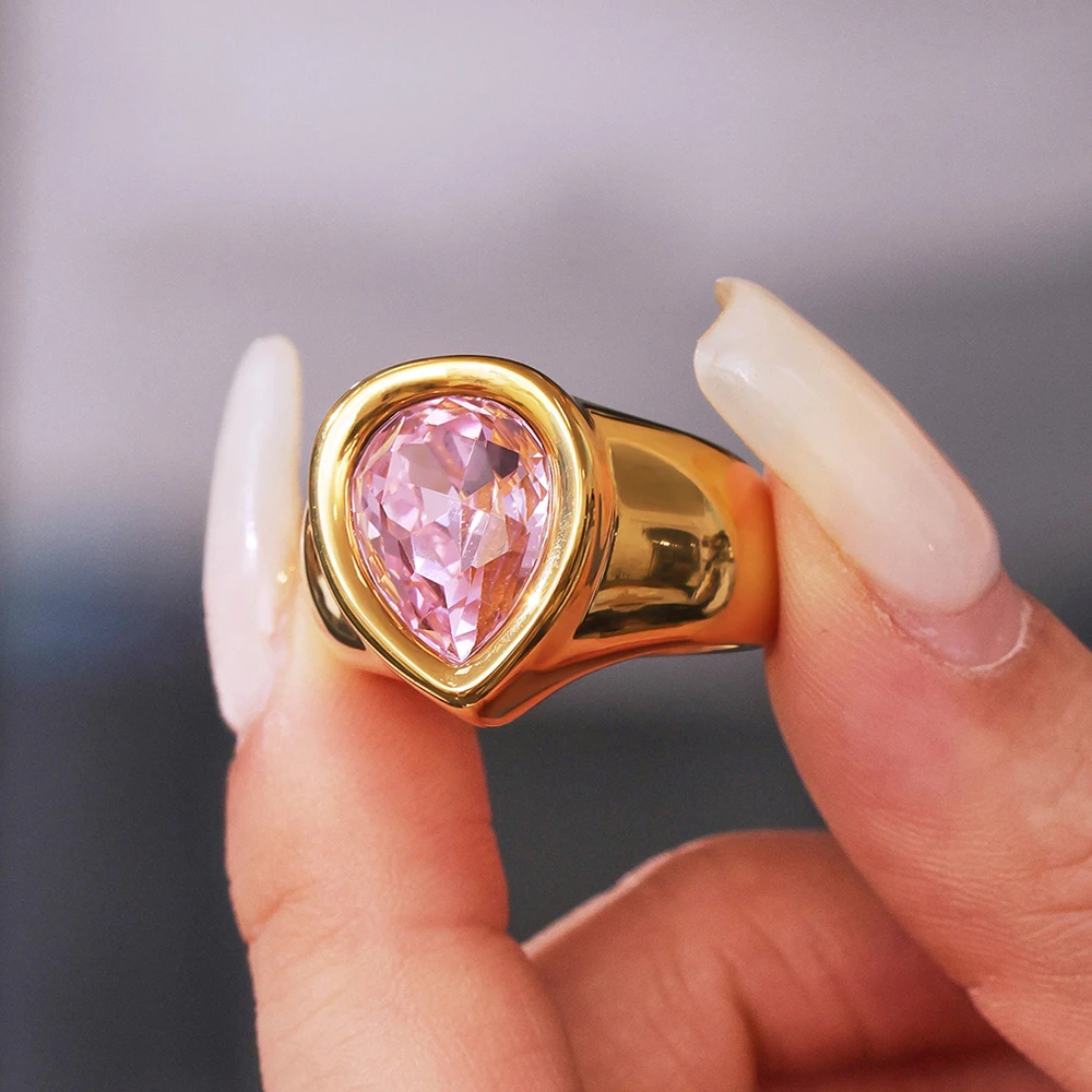 Ovaler Ring mit weißem und rosa Zirkon für Damen, neuer Ring aus 18 Karat vergoldetem Edelstahl für Mädchen, luxuriöser Schmuck, wasserdicht – Detail 6