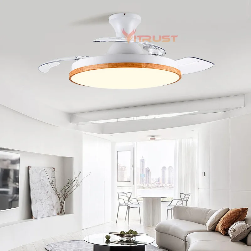 Nordic Led Ceiling Fan with Light Lamp 36inch 42in Black White Wooden Invisible Ceiling Fan Remote Control Ventilador De Teto