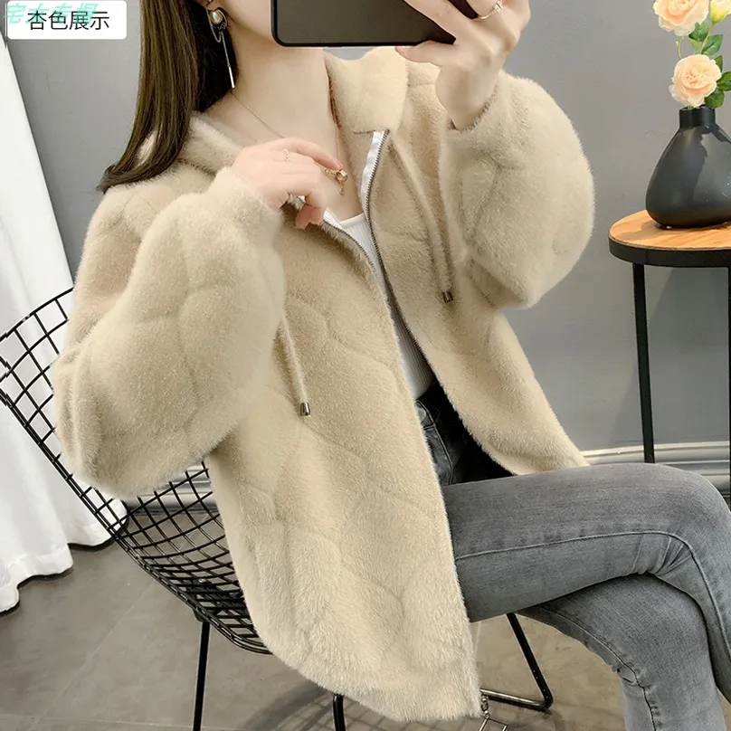 

Winter Women Long Sleeves Mink Fleece Coat Zipper Cardigan Loose Size Plush Lady Coat Thickening Warm Topcoat Autumn Winter