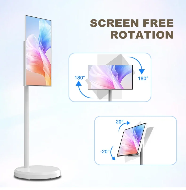 New Design Built-in Battery Flat Screen TV 21.5 Inch 4+64gb White Movable Mobile TV Smart Portable on Wheels