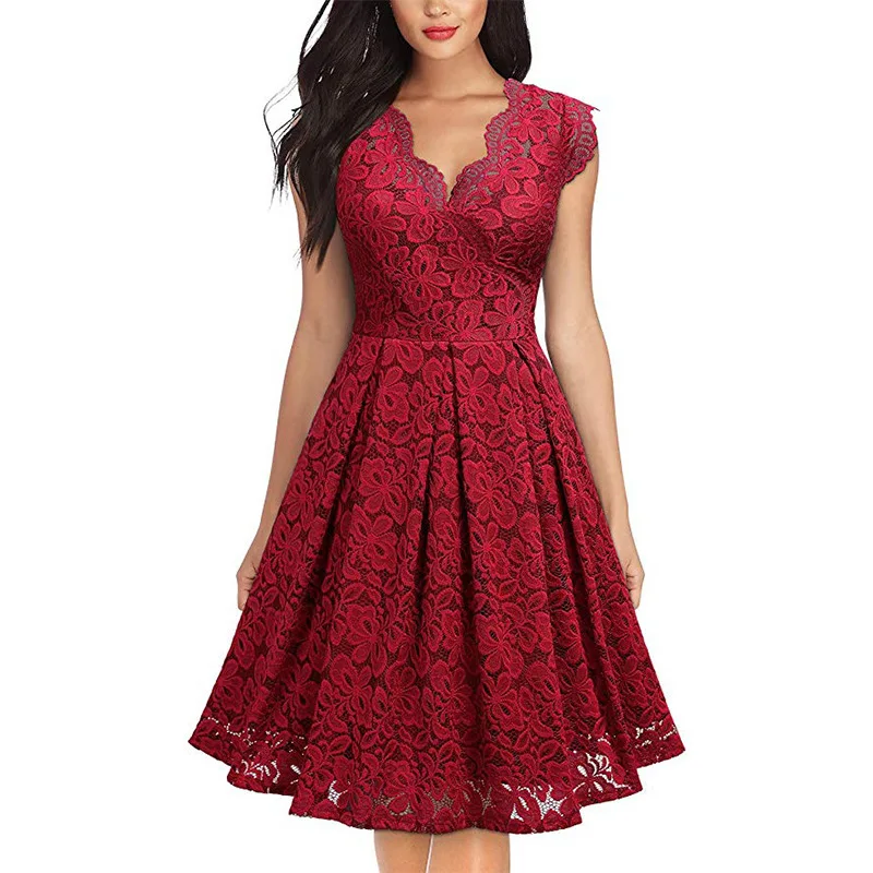 Summer Plus Size Women Clothing Sexy V-Neck Lace Patchwork Sleeveless Elegant Hollow Out Pullover Basic Midi Waist Large Dresses