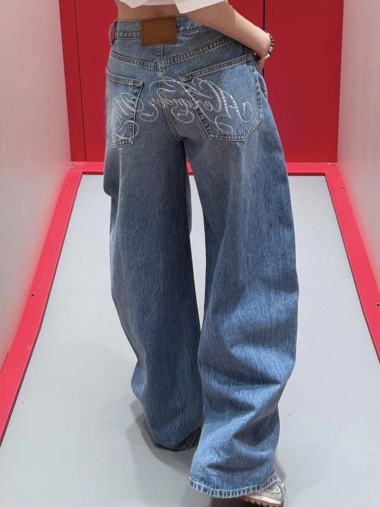 HOUZHOU Baggy bleu jean femmes Vintage Y2k lettre strass droit Denim pantalon Streetwear taille haute jambe large jean Chic