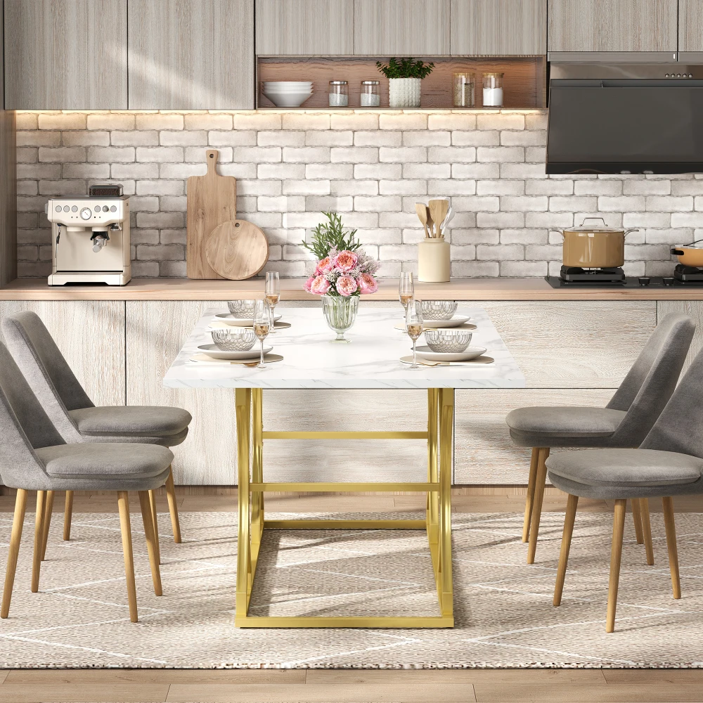 Moderner Esstisch, 2,5 cm dicke Tischplatte, goldfarbene Metallbeine mit verstellbaren Schiebern, für Wohnzimmer und Esszimmer – Detail 11