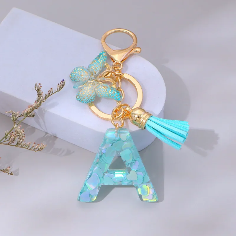 Glitter Letter A To M Keychain Fashion Green Heart Alphabet Butterfly Tassel Pendant Bag Keyring Women Gift Accessories