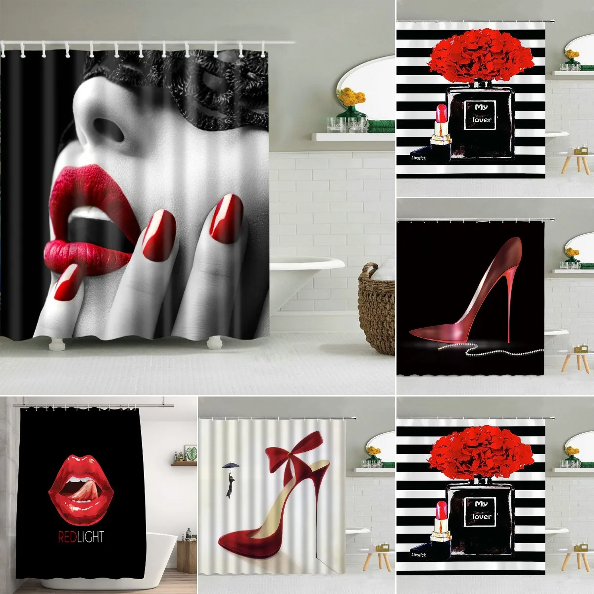 SexyRedLipsShowerCurtainMysteriousWomanPerfumeBottleLipstick