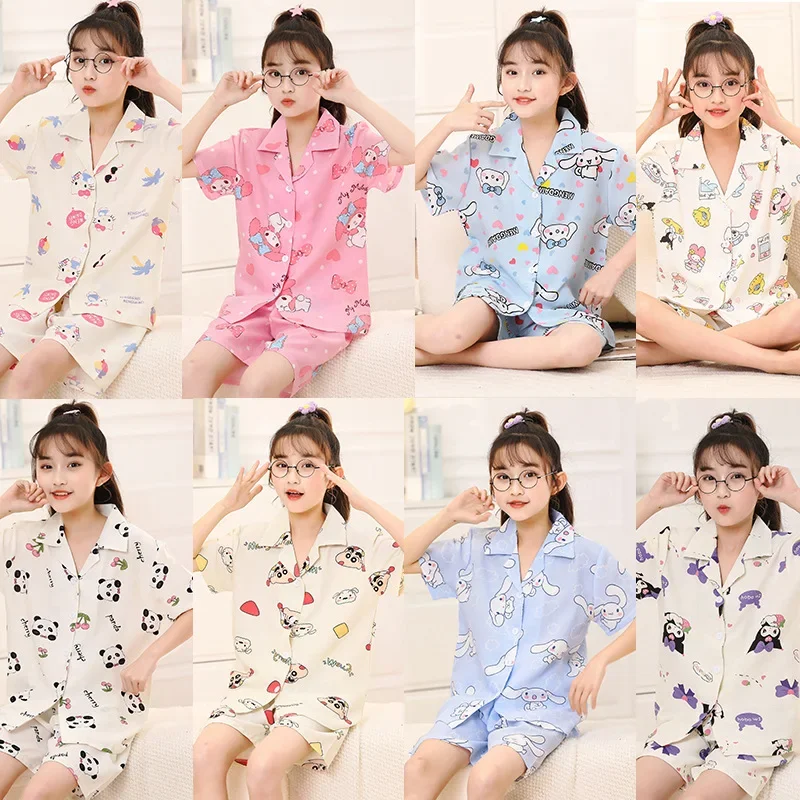 

Summer Children's Sleep Pajamas Sets Cinnamoroll Kuromi My Melody Girl Cardigan Short Sleeve Pijama Kawaii Anime Kids Sleepwear