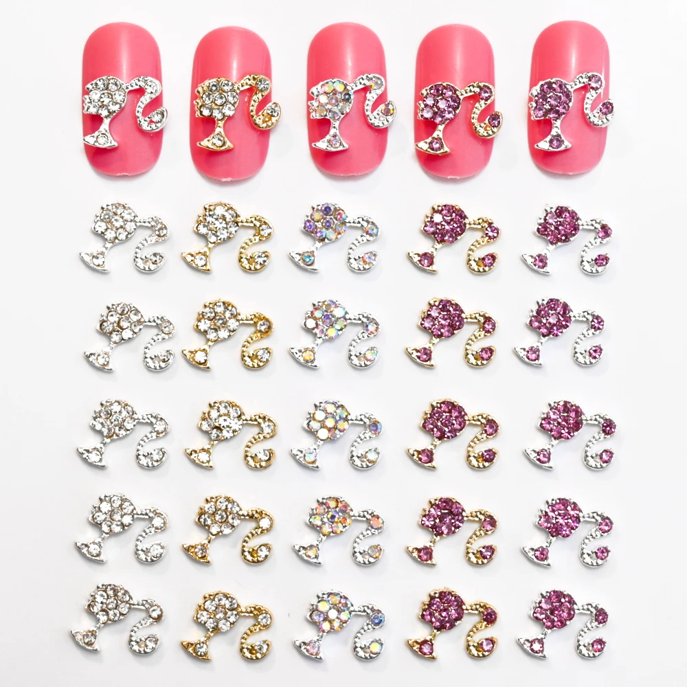 

10pcs Alloy Girls Head Nail Charms Cute Crystal Ponytail Girl 3D Nail Art Rhinestone Gold Silver Jewelry Manicure Decoration