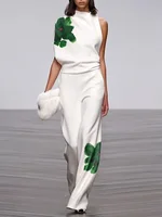 UOOZEE 2025 New Summer Women's 2 Piece Sets Fashion Floral Printed High Neck One-shoulder Tops & High Waisted Straight Leg Pants