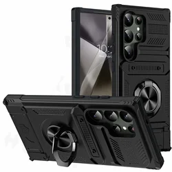 Premium Magnetic Card Holder Wallet Case with Rotating Ring Kickstand and Heavy-Duty Shockproof Protection for Samsung S24 (Black)