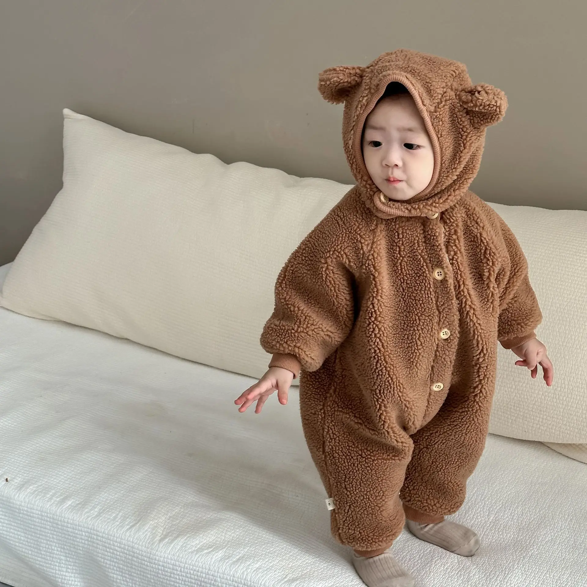 

Autumn Winter Clothes Newborn Boy Baby Cartoon Plus Velvet Hooded Romper Girl Infant Fleece Thick Jumpsuit Kid Cotton One-piece