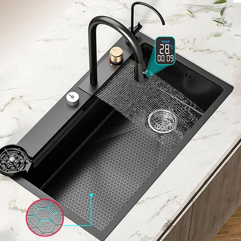 Waterfall Sink 304 Stainless steel kitchen Sink Large Single Slot Honeycomb Embossed Sink Waterfall Faucet kitchen accessories