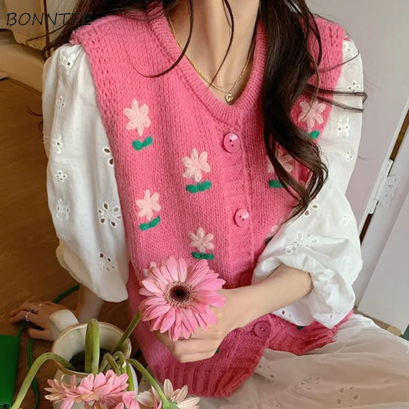 Gilet à fleurs pour femmes, ample, doux, confortable, tout-assorti, sans manches, décontracté, tricot, printemps, Ulzzang Chic, mode étudiante