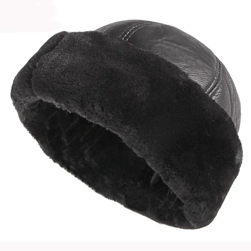 1 Stück Dicke Outdoor Warm Winter Hut Männer Schwarz Pelzleder Russische Männliche Winddichte Schnee Ski Cap Fleece gefüttert – Detail 1