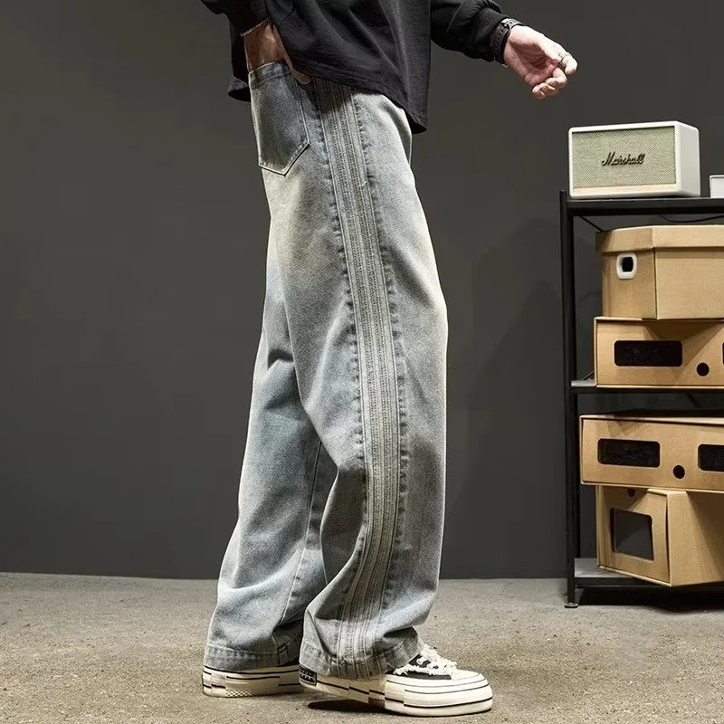 Elastic Waist Baggy Jeans For Men Side Striped Wide Leg