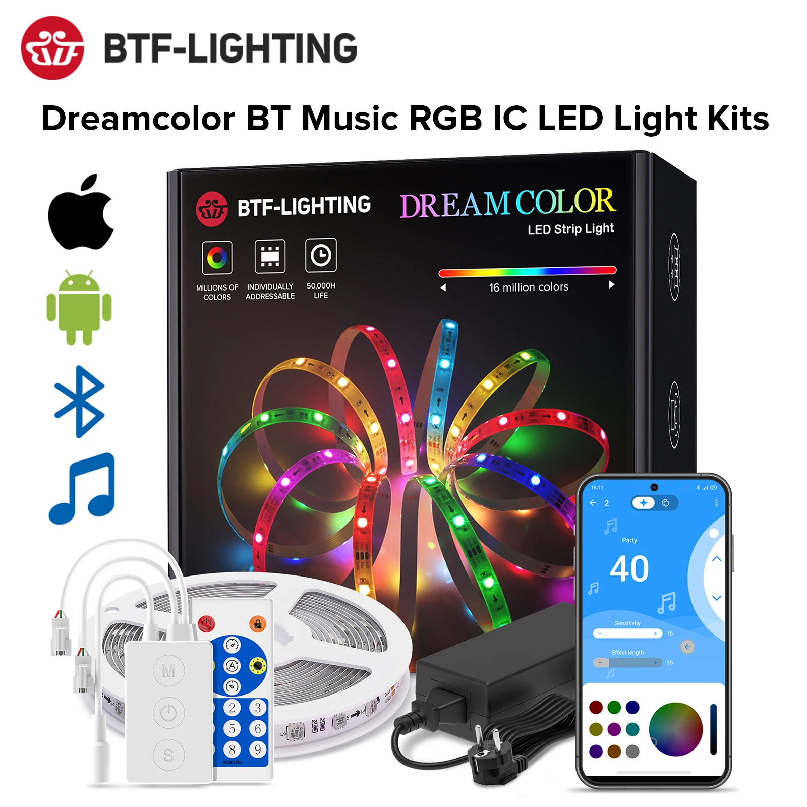 Dreamcolor Strip Lampu LED Aplikasi Musik Bluetooth WS2811 WS2812B RGBIC Fleksibel Strip Ruang Kamar Dapur 5M-20M