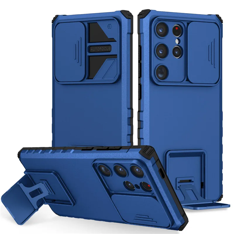 Shockproof Slide Lens Camera Case with Armor Stand Holder & Back Cover