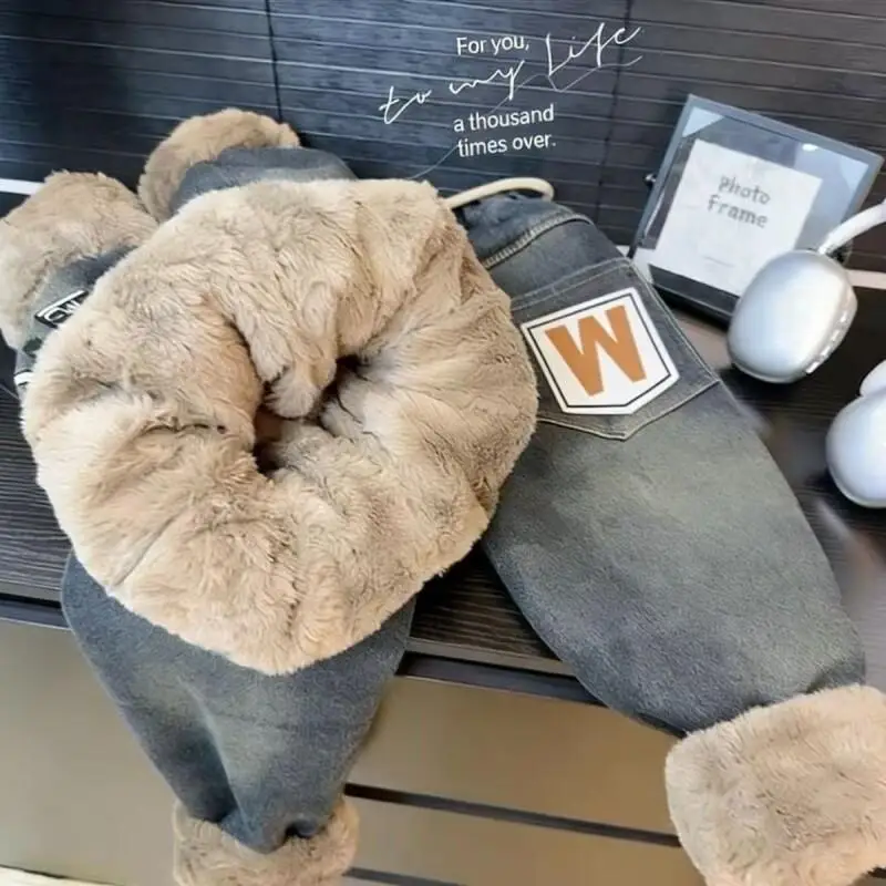 인조 토끼털 플리스 안감 두꺼운 면 청바지, 매우 두껍고 부드러운 패셔너블한 겨울용 따뜻한 바지, 3-14세 어린이용