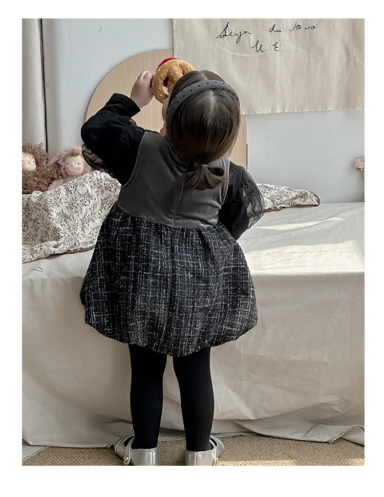 Baby Girl Black Bow Vest Dresses Girls Sisters Rompers Autumn Winter Sweet Dress Korean Infant Birthday Baptism Clothes
