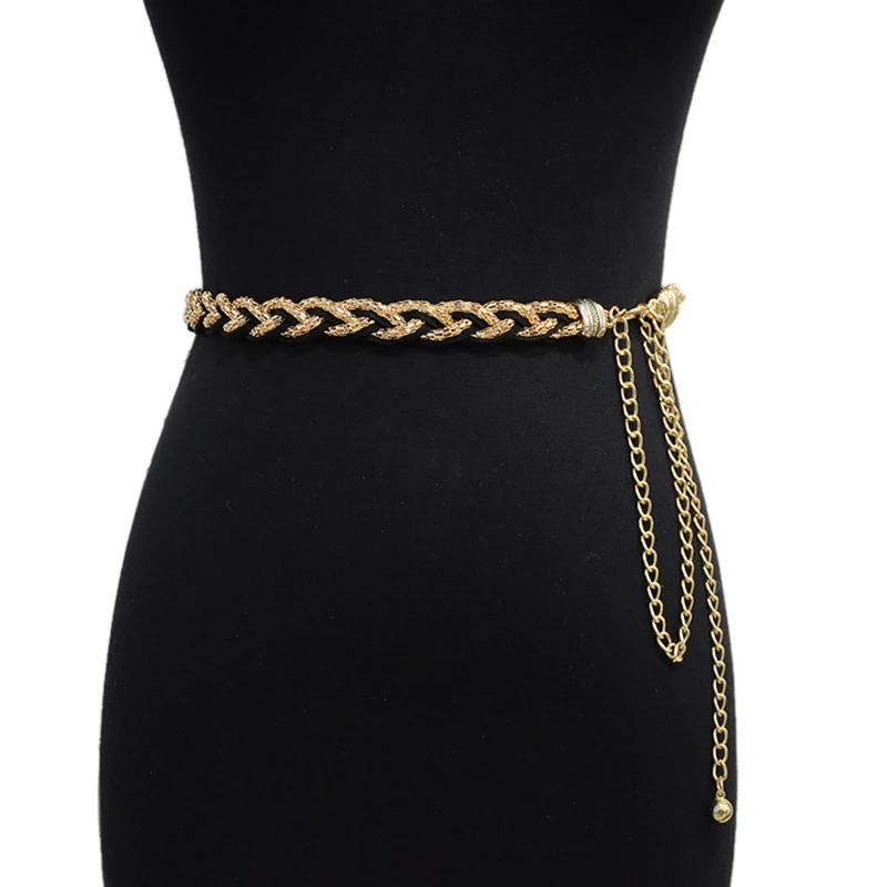 

Women Summer Ladies Fashion Sweet Metal Chain Braided Thin Waist Chain Dress Decoration Belts For Women Luxury Designer Brand