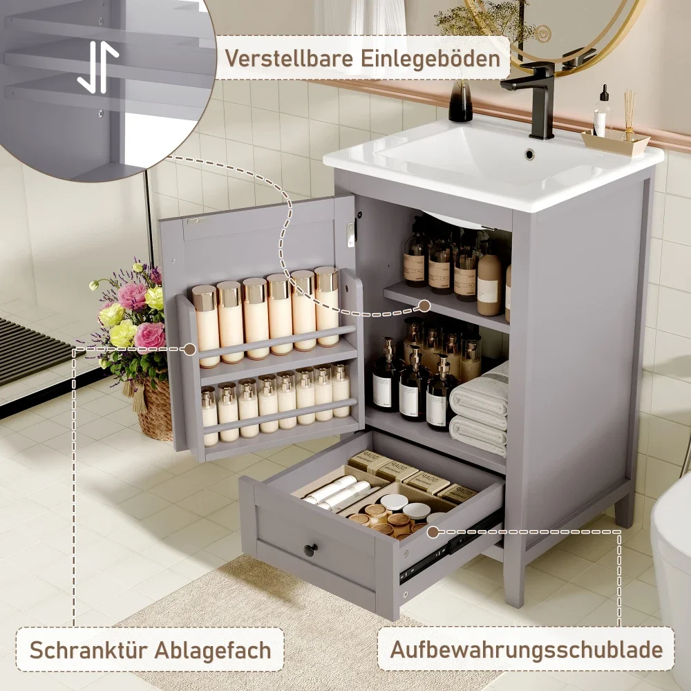 51 x 46 x 85 cm Stand-Badezimmerschrank mit Waschbecken, geräuschlose Schublade mit großem Fassungsvermögen, verstellbarem Regal, Keramikwaschbecken – Detail 33