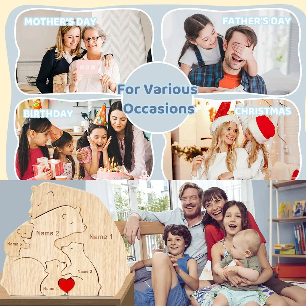 Custom Name Wooden Bear Family Ornaments Personalized Wood Carving Bear Puzzle Christmas Birthday Gift home decor action figure