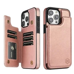 RFID Blocking Magnetic Anti-Theft Leather Wallet Case for iPhone 14 (Rose gold)