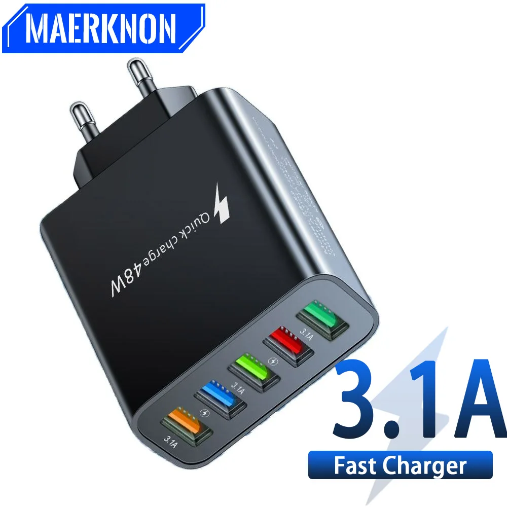 

48W 3.1A 5 Ports USB Charger Fast Charging Adapter EU/US Plug For iPhone 14 Pro Xiaomi 13 Samsung Portable Wall Phone Charger