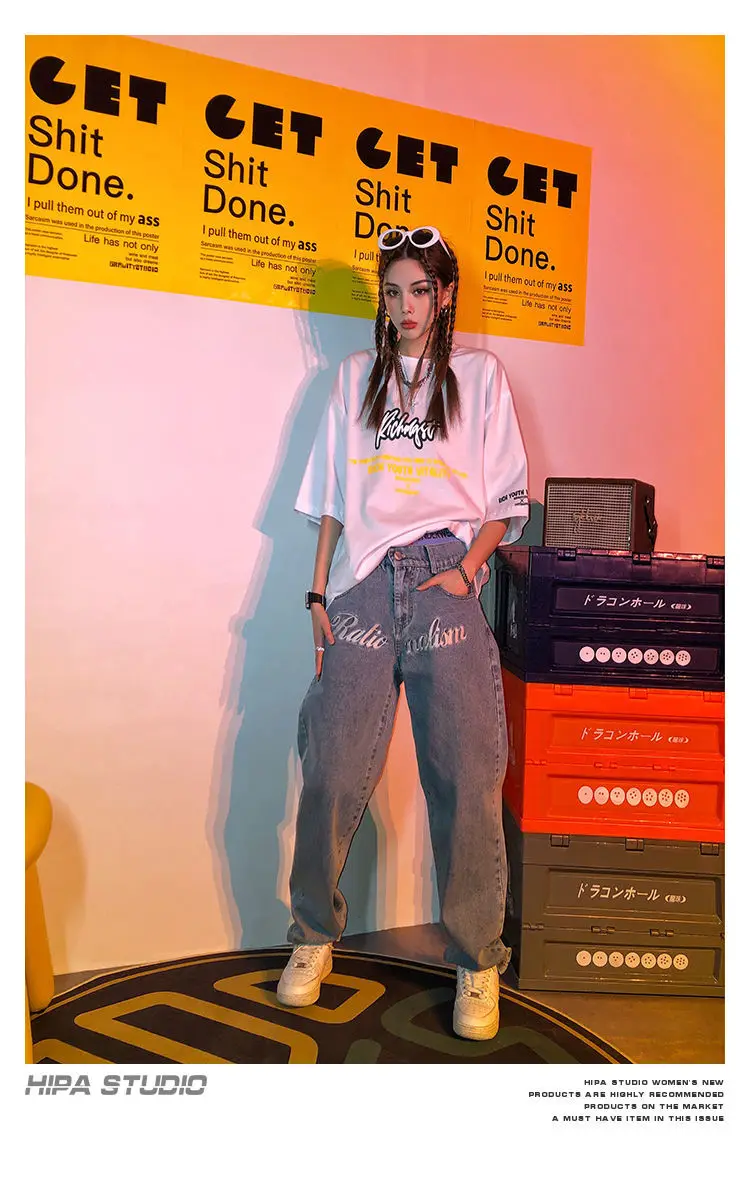jeans women Embroidered jeans women's 2021 spring and autumn new high-waisted straight wide-leg jeans fashion brand hip-hop casual trousers old navy jeans