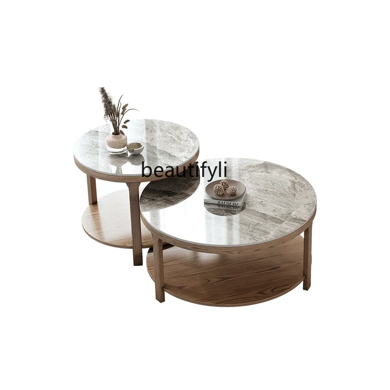 

Скандинавский журнальный столик из массива дерева с каменной пластиной, Круглый комбинированный кофейный столик для маленькой квартиры, гостиной, дивана, боковой столик для балкона, журнальный столик