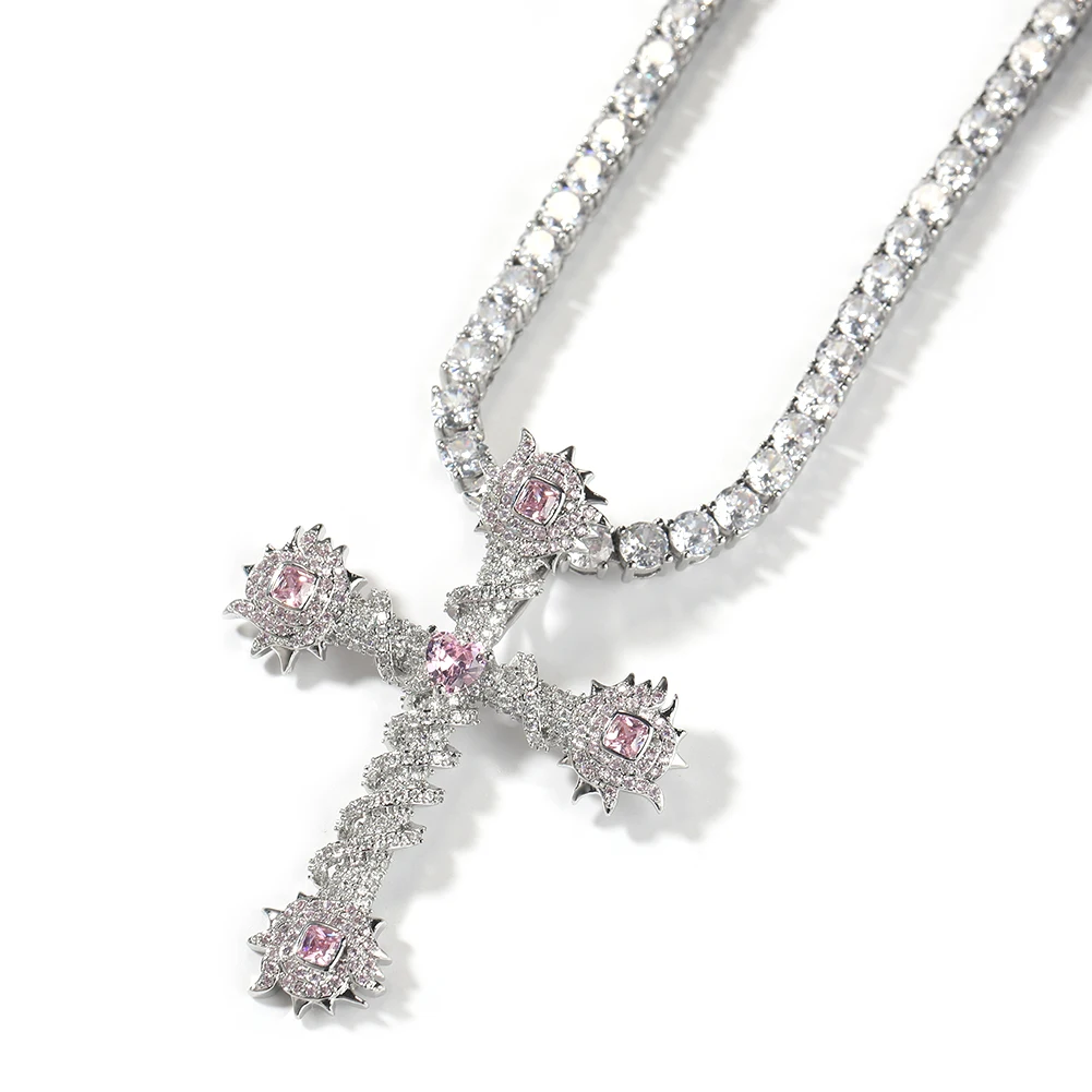 THE BLING KING Spiny Cross Pendant Necklace Iced Out Pink Cubic Zirconia Choker Hihop Jewelry For Girls Women Gift