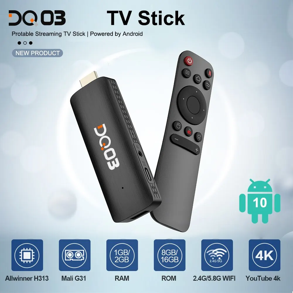 Dq03 mini tv stick android 10 quad core arm cortex a53 2gb 16gb suporte 4k h.265 2,4g e 5,8g wifi streaming caixa de tv inteligente 1gb 8gb