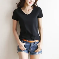 Womens Basic Tees Shirt Solid Plain Top Short Sleeve Roundneck V Neck Top 2