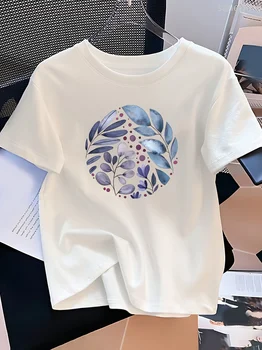 Women'S Floral Print T-Shirt Casual Crew Neck Sleeve Pure Cotton Fabric All-Season Top with Vibrant Flower Design Summer Tee Top 1
