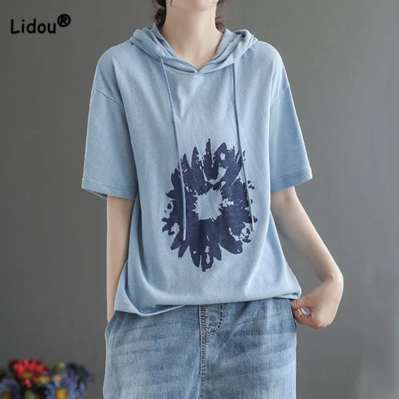 Korean Loose Solid Color Floral Printed Hooded Tshirt Female Casual Fashion Short Sleeve