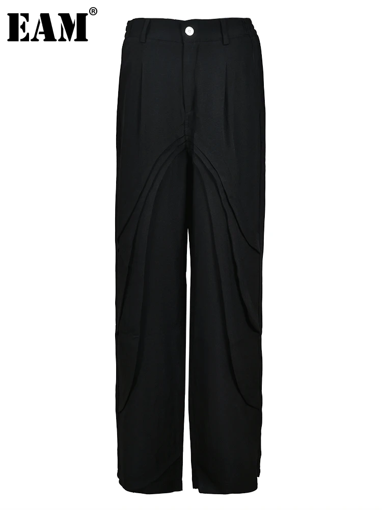 

[EAM] High Waist Black Pleated Long Wide Leg Long Pants New Loose Fit Trousers Women Fashion Tide Spring Autumn 2024 1DH1545