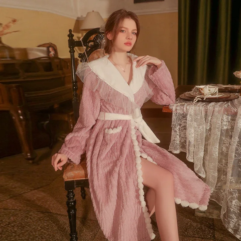 New Sexy Velour Robes for Women Sweet Cute Lace-up Bathrobe Fall and Winter Casual Outer Robe Women Casual Homewear Sleepwear