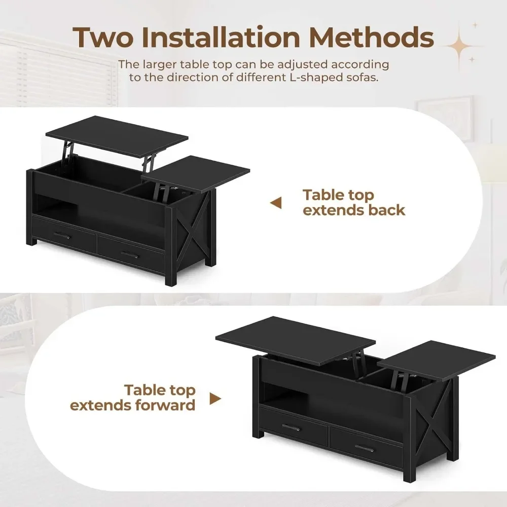 47.2-inch pop-up coffee table with 2 storage drawers and hidden compartments, vintage center table